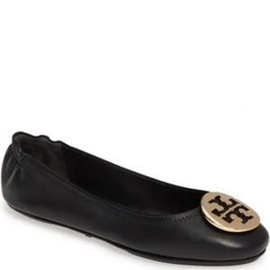Tory Burch Minnie Travel Medallion Ballet Leather Flat Black Gold
